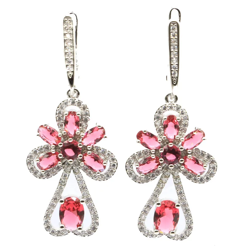 47x18mm 2020 New Arrival Created Pink Raspberry Rhodolite Garnet CZ Woman's Wedding Silver Earrings | Украшения и аксессуары
