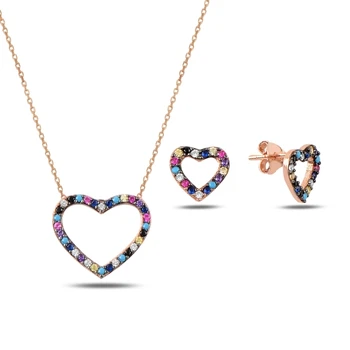 

Kutaydan Mixed Color Zircon Stone Heart 925 Sterling Silver Set Made in Turkey