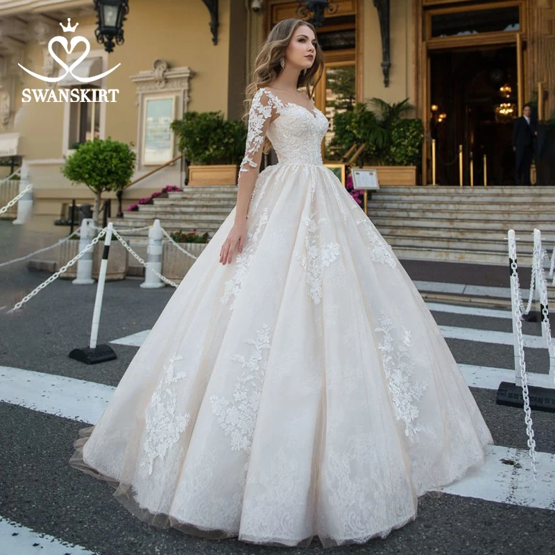 Sweetheart Appliques Wedding Dress SwanSarah Long Sleeve Beaded A-Line Court Train Bride Illusion Princess Vestido De Novia AW01 | Свадьбы и