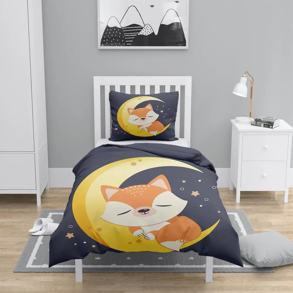 ^*Best Offers Else 4 Pcs Yellow Moon on Fox Animal 3D Print Cotton Satin Chidren Kids Duvet Cover Bedding Set Pillow Case Bed Sheet