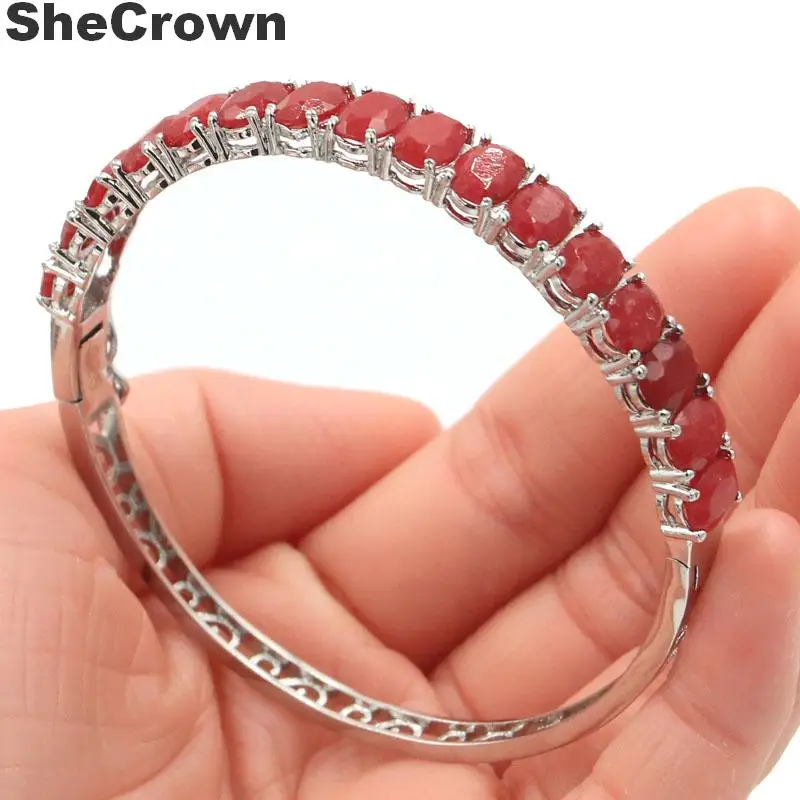

8x6mm Classic Oval Real Red Ruby Gift For Woman's Jewelry Making Silver Bangle Bracelet 7.5 inch
