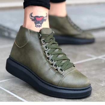 

BA0032 BOA Laced Snekaers Khaki Thick Black Bottom Half Ankle Boot. Shoe, boot, sneaker, van, chaussure, air, para, flip, cover