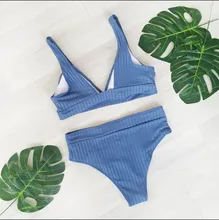 Womens Swimsuits Swimwear Bikini-Set Ribbed Push-Up Black INGAGA High-Waist Biquini