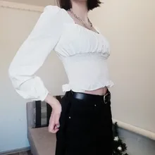 Short Blouses Womens Tops Long-Sleeve Vintage Square-Collar Casual Simple New Bow Solid