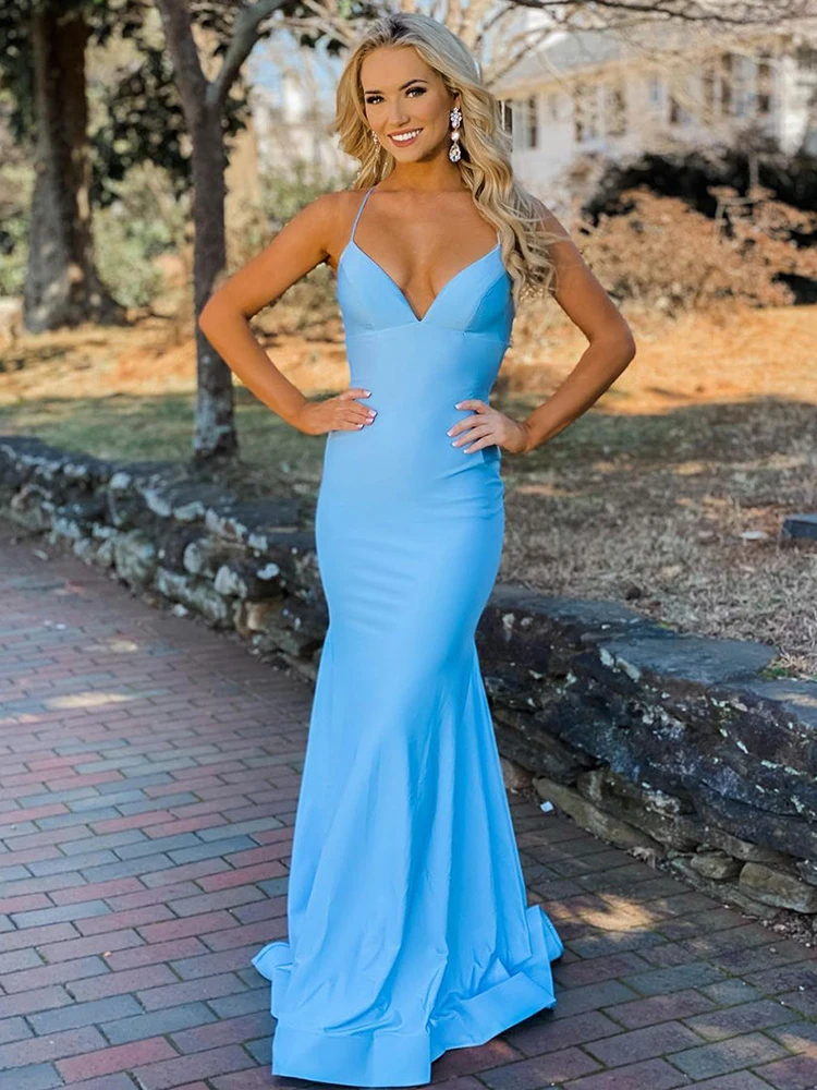 Mermaid Blue Sexy Backless Long Prom Dress V-Neck Evening Dress Sleeveless Mermaid Spaghetti Straps Formal Party Dress 2022 satin prom dress