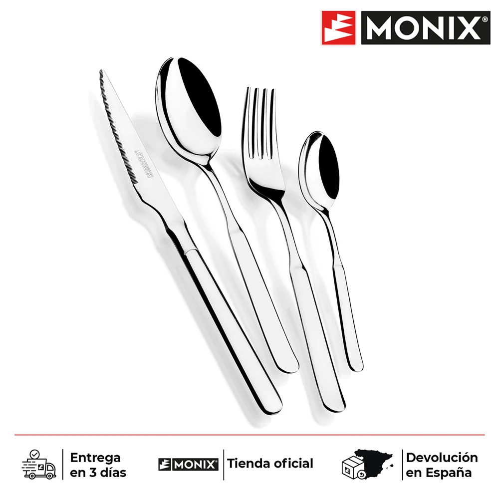 Monix Como - Juego de cubiertos de mesa 24 unidades. Cubertería con  cuchillo chuletero acero inoxidable 18/10. Para 6 comensales