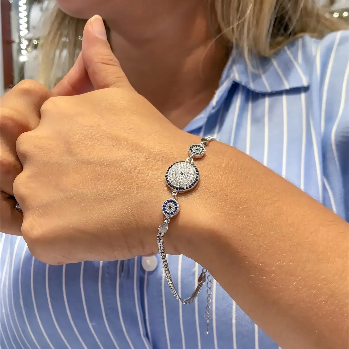 

Evil Eye Beads Thick Chain Silver Bracelet