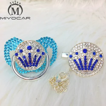 

MIYOCAR All blue Bling lovely crown pacifier and clip set pacifier chain holder gold crown pacifier blue rhinestone ABCG-1-SB