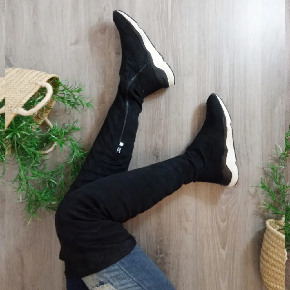 LIPRI, botas invierno mosqueteras mujer plataforma tela elastica color  negras caña alta por encima de la rodilla, cuña baja - AliExpress Calzado