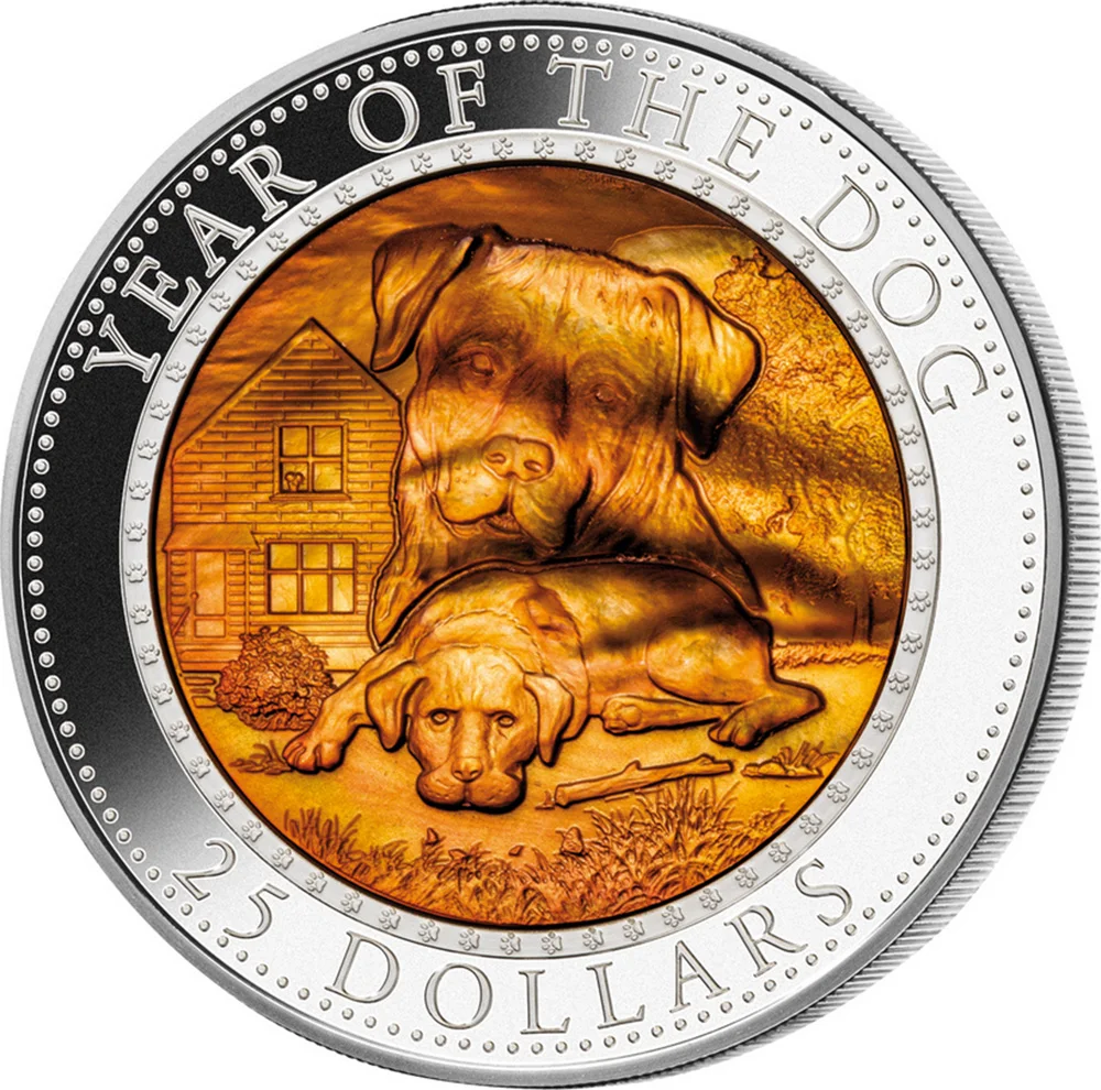 Bendog монета. Монеты острова Кука 2023. Монета 30 долларов 2018. Перламутровые собаки.