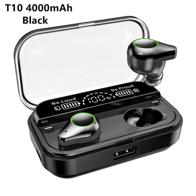 T10 black 4000 мАч TWS беспроводные наушники Bluetooth 5,0 наушники с дисплеем питания сенсорное управление спортивные стерео наушники гарнитура зарядная коробка - Цвет: T10 black