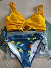 Swimsuit Women Bikini-Sets Bathing-Suits Lemon CUPSHE Lace-Up Print Two-Pieces Sexy Yellow