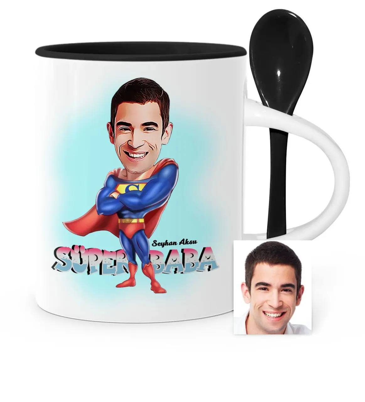 

Father's Day Custom Super Dad Cartoon Black Spoon Mug Cup-1