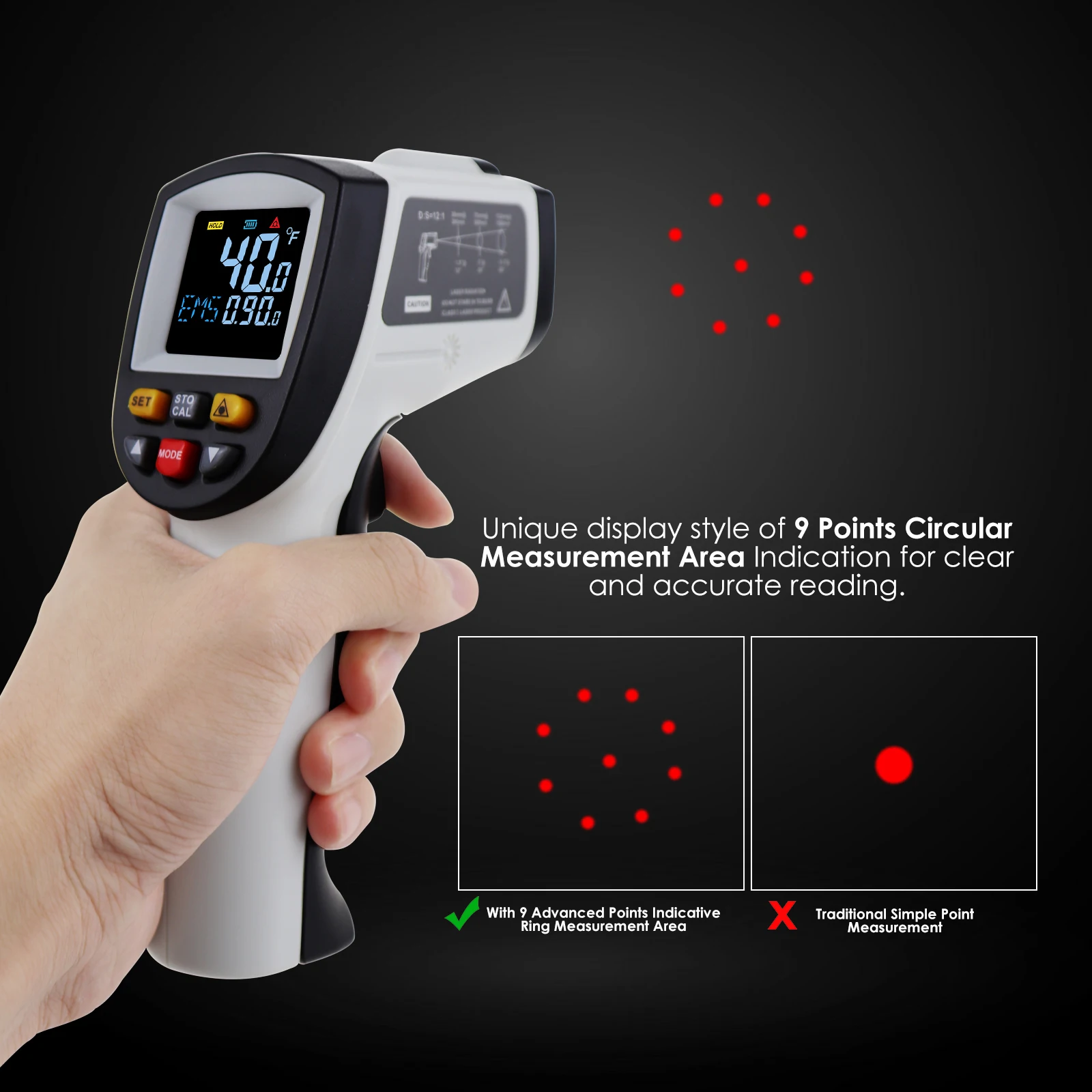 

Digital Handheld Infrared IR Non-contact Pyrometer Lasergrip C/F Scanning Selection Function Instant Read Adjustable Emissivity