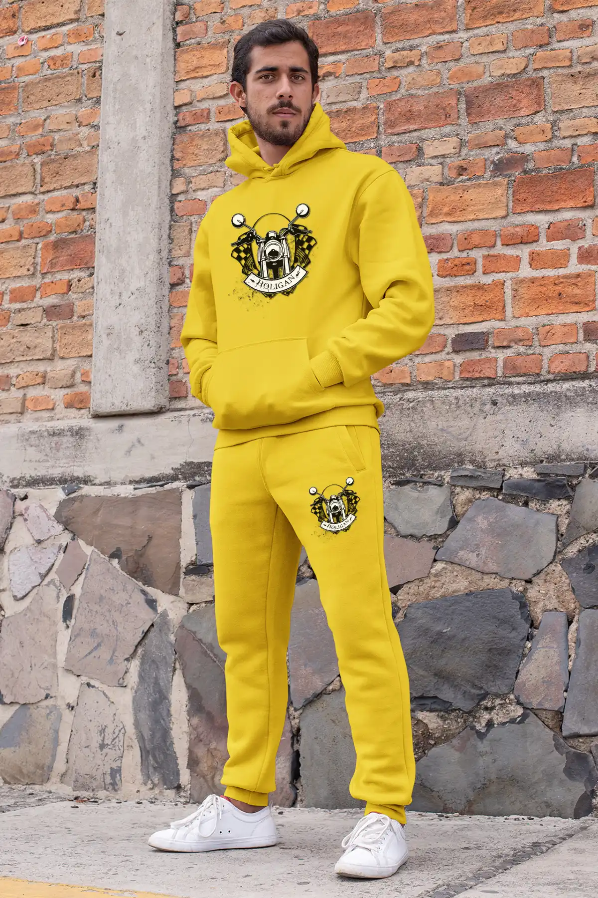 yellow sweatpants and sweatshirt