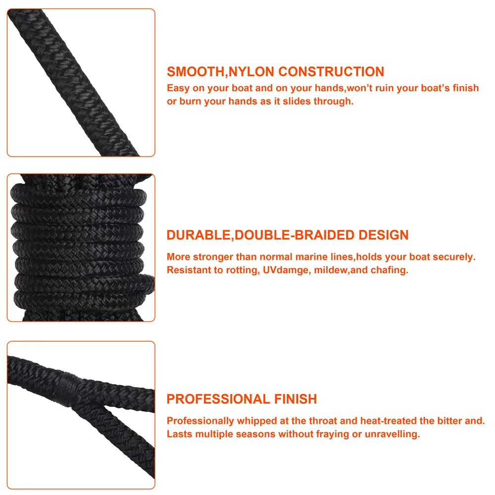 50 Feet Double Braid Dock ropes for boats 5/8 inch 16 strands Nylon Dock Lines Mooring Rope Anchoring Docking Rope holder