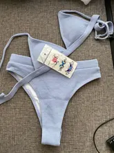 S-XL-Bikini de cintura alta para mujer, traje de baño femenino de tela especial, conjunto de Bikini de dos piezas acanalado, ropa de baño V2328