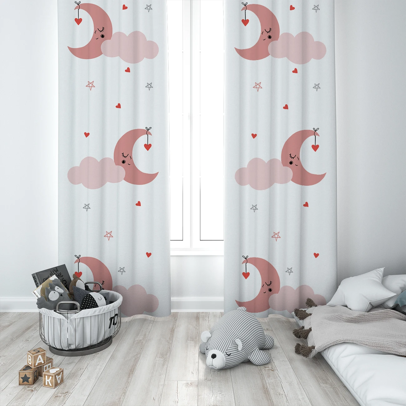 

Curtains Children 3D Printed Decorative Items Home Childrens Room White Pink Moon Cloud Love Model 311