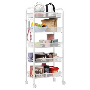 

【US Warehouse】Exquisite Honeycomb Net Five Tiers Storage Cart with Hook Ivory White