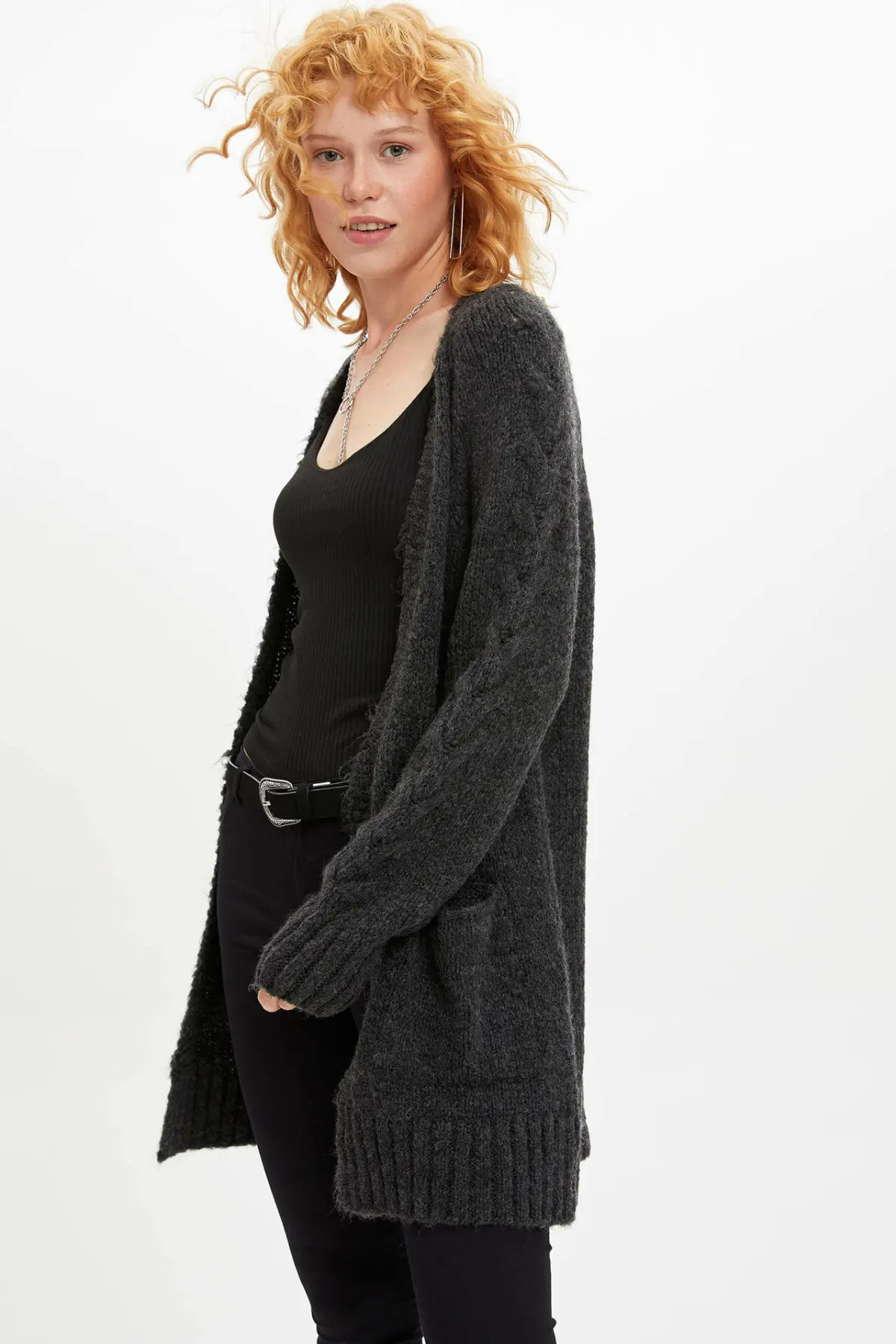 Comprar Cárdigans de punto largos de Color puro cuello en V de moda de hecho para mujer cárdigans de punto de bolsillo Simple Casual New K8951AZ19AU