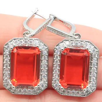 

46x21mm Hot Selling Rectangle 18x13mm Created Orange Spessartine Garnet Silver Earrings for Women Fashion Jewelry Dating Girls