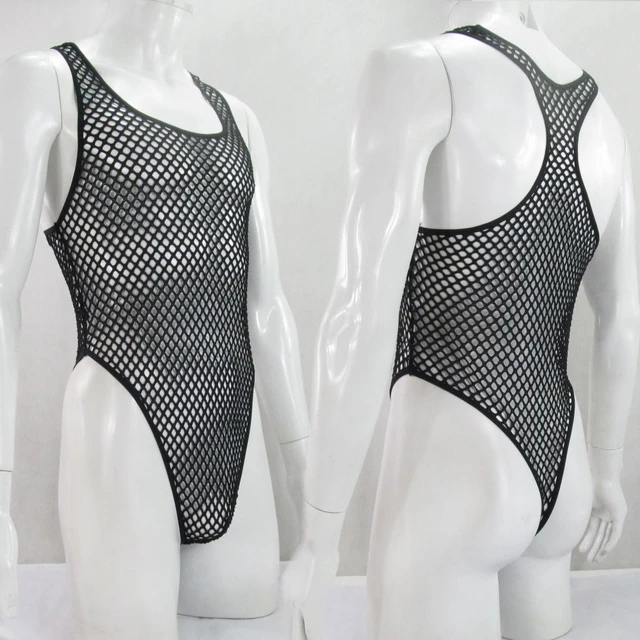 Mens Thong Back Bodysuit Stretchy High Cut Racer Back G1289 Big Net C-thru  - Shapers - AliExpress