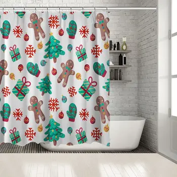 

Gifts, Trees, Snowflakes, Cookies, Balls Christmas Celebration Theme Artwork White Green Red Yellow Shower Curtain