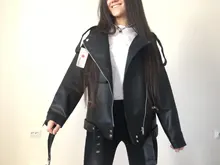 Jacket Coat Fitaylor Faux-Leather Loose Outwear Casual PU Sashes Black Tops Bf-Style