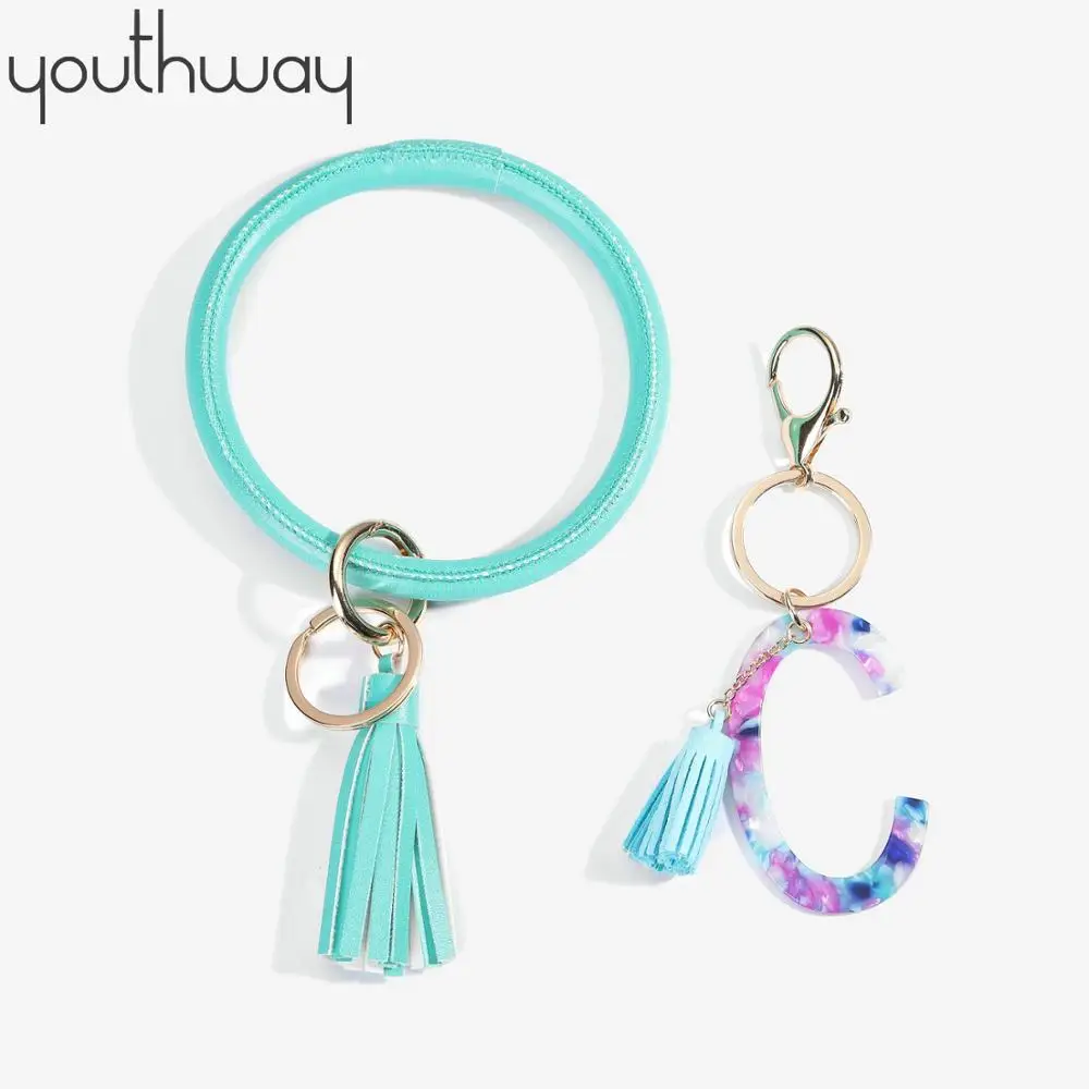 

2 pcs Wristlet Keychain Bracelet Bangle Color Resin Initial Alphabet Large Circle Round Keyring Chain Leather Tassel Bracelet