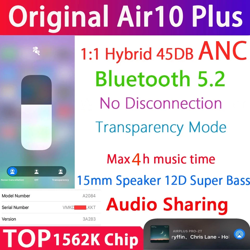 Air10 Plus TWS Wireless Bluetooth 5.2 Earphone 45DB Hybrid ANC Earbuds Super Bass 1562K PKH1 1562H 1562A i900000MAX Air13 i99999