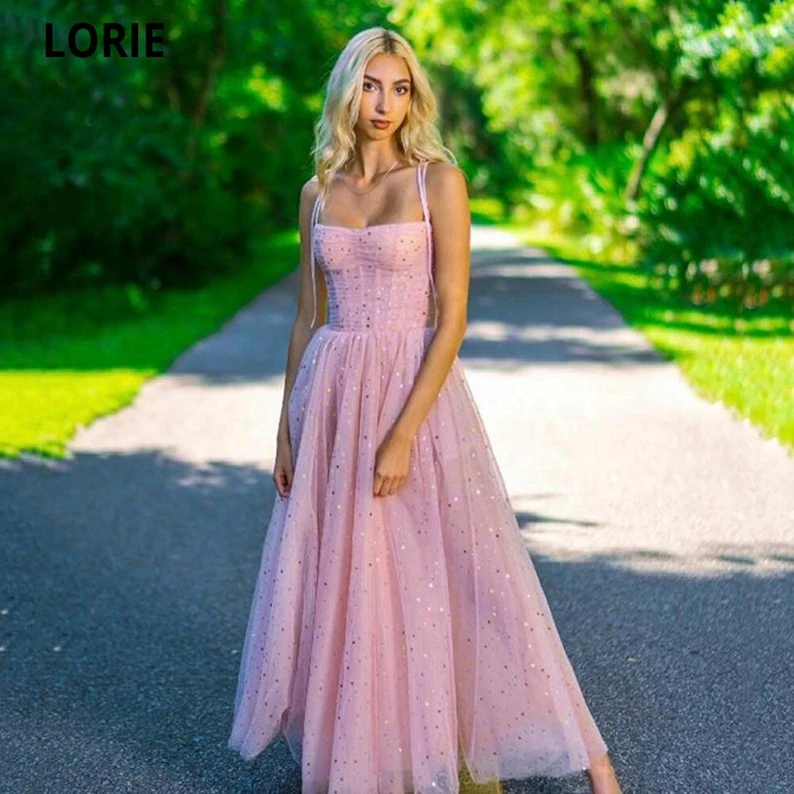 Lorie 2021 Pink Tulle Corset Prom Dresses 2021 Long Boat Neck With