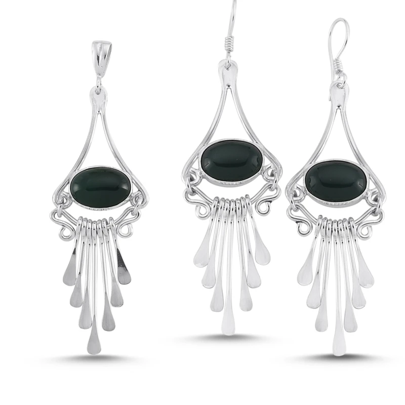 

Silver 925 Sterling Green Agate Stone Handwork Set