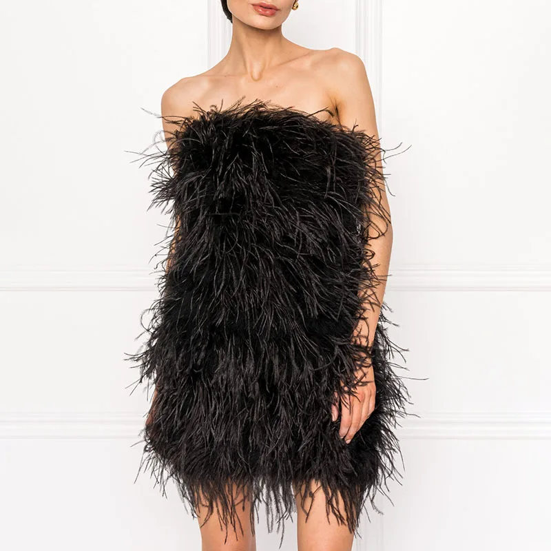 Women's Summer Feather Dress 2023 New Arrivals V Neck Ostrich Feather Mini  Dresses Backless Vests S5408