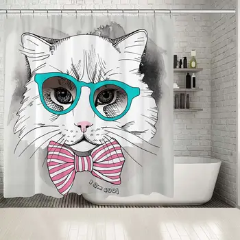 

Shower Curtain Stylish Cat Wearing Glasses and Bow Tie Fashion Inspration Fun Cartoon Art White Blue Pink
