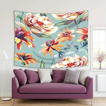 

Tapestry Summer Flowers Pattern Vintage Style Watercolor Artwork Blue Orange Green