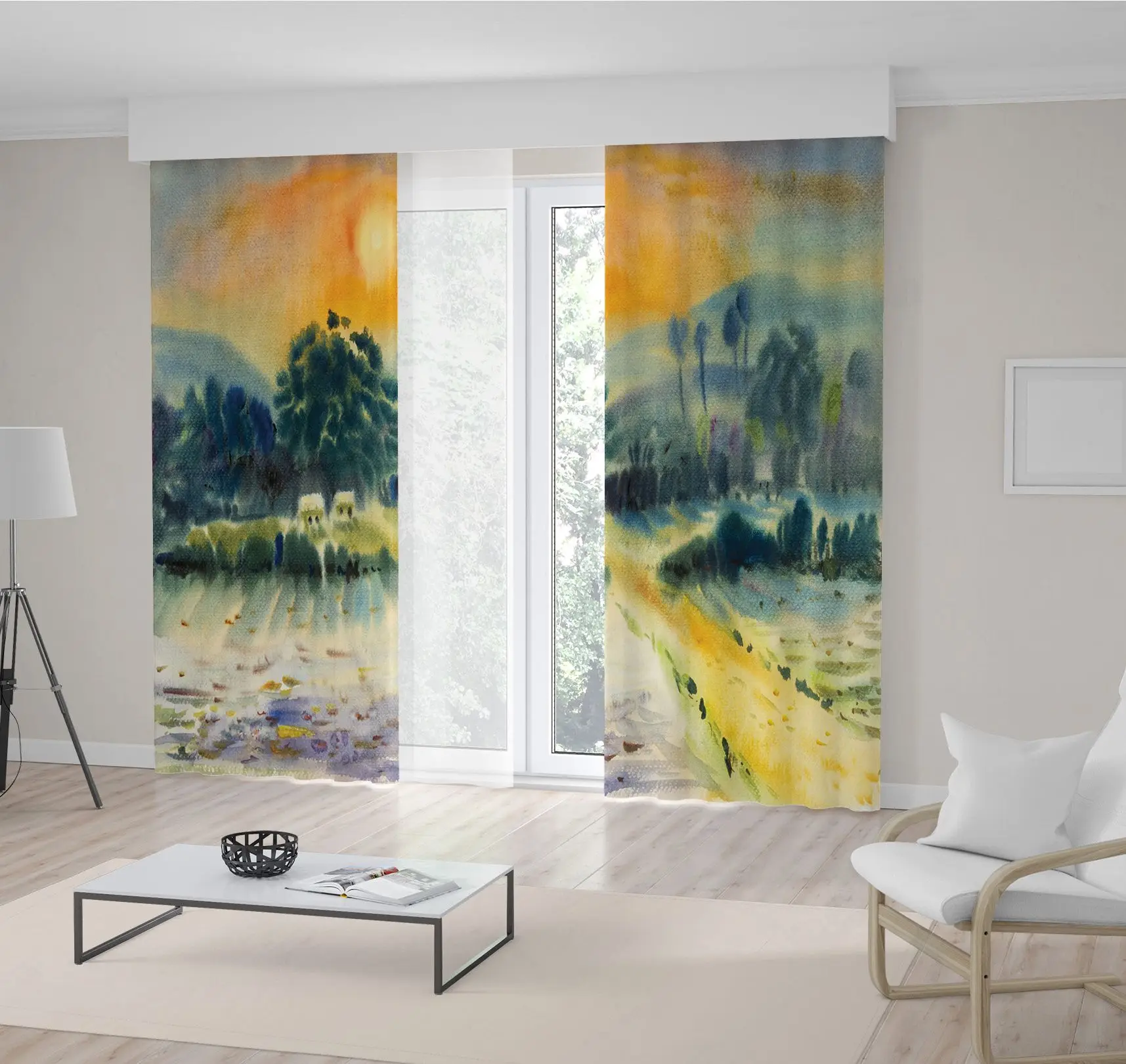 Landscape Colorful Sky Fields in Mountains Evening Sun Countryside Nature in Dark Blue Orange Colors Watercolor Art Curtain