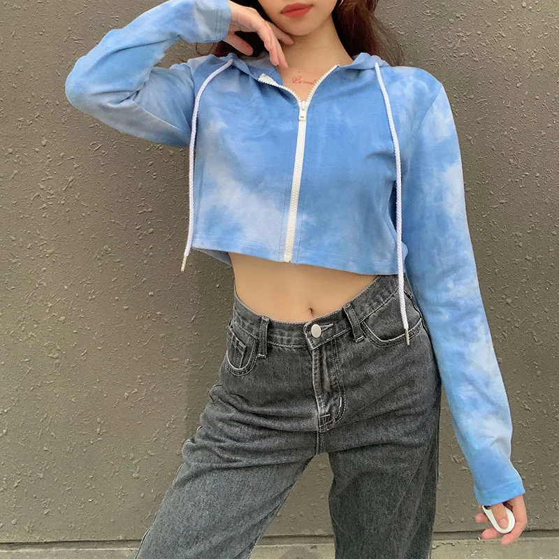 

Blue Tie-Dye Drawstring Cropped Jackets For Women Zipper Hooded Sweatshirt 2020 Autumn Streetwear Long Sleeve Loose Short Coat