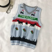 Осенний и зимний вязаный жилет, женский жилет, шерстяной жилет с v-образным вырезом, Свободный пуловер, свитер с принтом, свитер с животными, жилет с вышивкой, свитер с вышивкой, милый свитер, милый жилет, жилетка