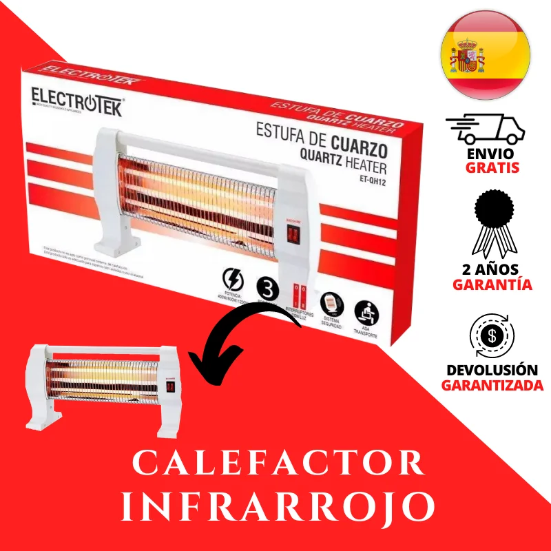 Electrotek Calefactor Eléctrico MS-Q245 Estufa Fácil Manejo 3 Niveles de Temperatura 400W/800W/1200W Halógeno Asa de Transporte