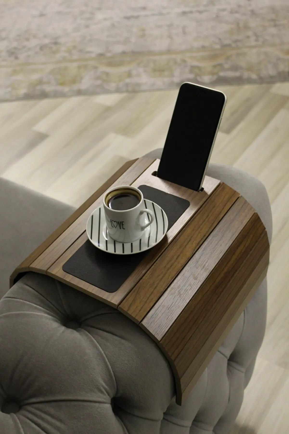 Wooden Side Table With Phone Stand Sofa Tray Mat 50x28 cm Placemat Center Leather Decorative Armrest  Non Slip Folding Design
