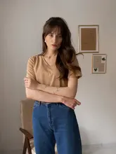 Summer T-Shirt Tees Short-Sleeve Basic Female V-Neck Women Ladies Hirsionsan 100%Cotton