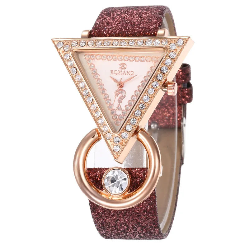 WJ-8553 с треугольником стразами Блестящие кожаные часы роскошные женские часы с пряжкой кварцевые наручные часы модные montre femme reloj - Цвет: Коричневый