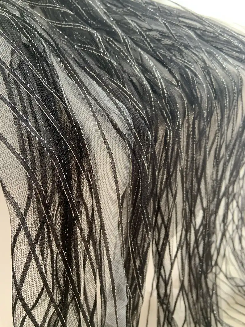 

5 yards Black Tulle Fabric With Silver Paralle Lines For Costume Sparkling Mesh Fabric