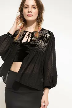 

DeFacto Woman Black Thin Short Embroidery Flowers Jacket Coat Casual Female Simple Long Sleeve Lace-up Coat -I5302AZ17WN