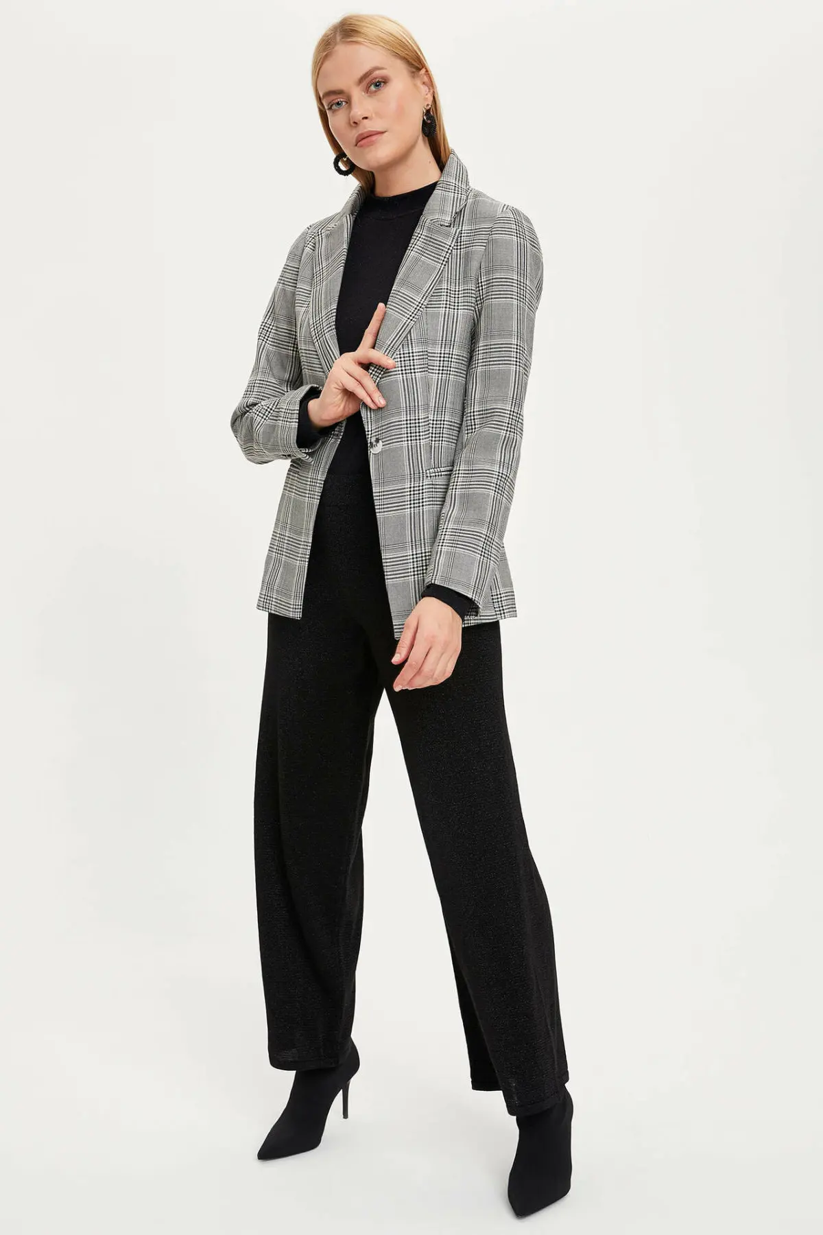 DeFacto новые модные женские клетчатые пальто с лацканами женские офисные однобортные серые элегантные пальто-M4392AZ19AU