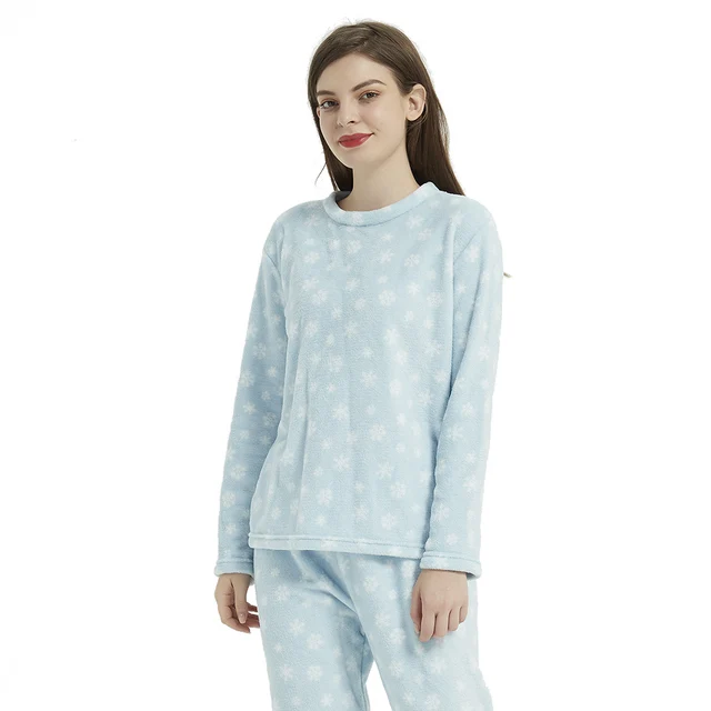 PimpamTex - Women's Autumn Winter Coral Long Sleeved Pyjama Set, Warm Winter Coral Printed Pyjama Set, Perfect Christmas Gift Snow celeste