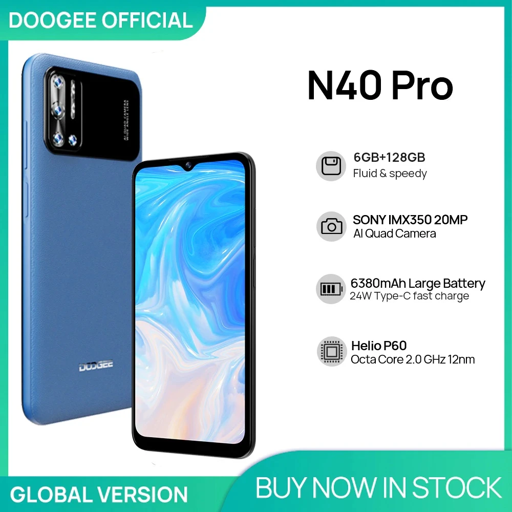 DOOGEE N40 Pro Smartphone 6.5 inch 20MP Quad Camera Helio P60 6GB+128GB Cellphone 6380mAh Battery 24W fast Charging cheap gaming cell phone
