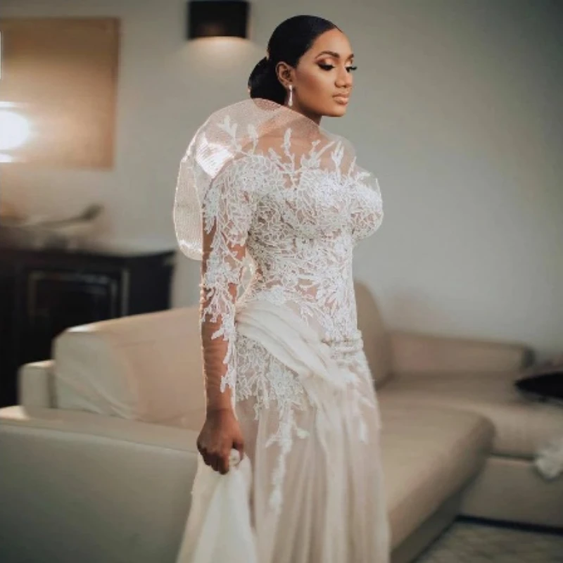One Shoulder African Mermaid Wedding Dresses Plus Size Bridal Gowns Lace Appliques Draped Vestidos De Novia Para Boda Civil 3