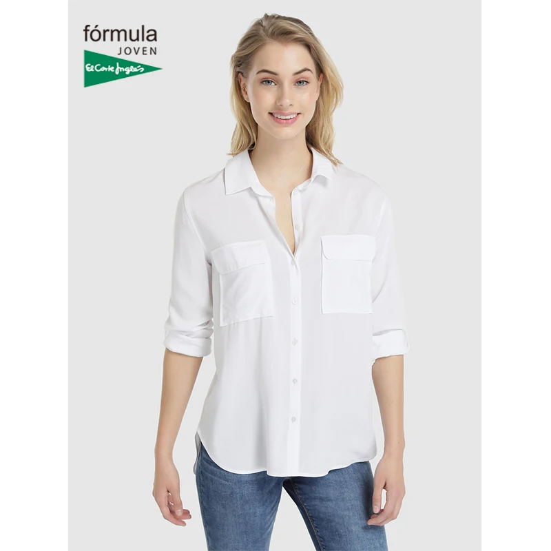 Fórmula Joven Camisa de Mujer Manga Larga Bolsillos Delanteros Color Blanco Liso Woman Fashion Tejido Suave Elegante Camisa Básica Mujer Otoño Temporada Colección 2019 El Inglés|Blusas y camisas| -