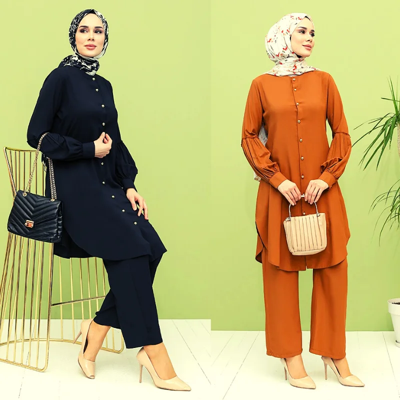 2 uds abotonado túnica larga + Pantalones de pierna ancha de Dubai Abaya Turquía musulmana Kaftan vestido Hijab Abayas mujeres Djellaba Musulman musulmán conjuntos ropa mujer musulmana turquia burkini abaya dubai vesti